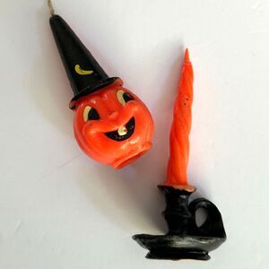 VTG Gurley Halloween Candle Set, Jack O Lantern & Haunted Candle, Black & Orange